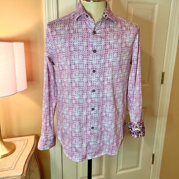 EUC Men's Robert Graham Pink White Print Betts Flip Cuff Stretch Shirt Sz SMALL - Picture 3 of 8